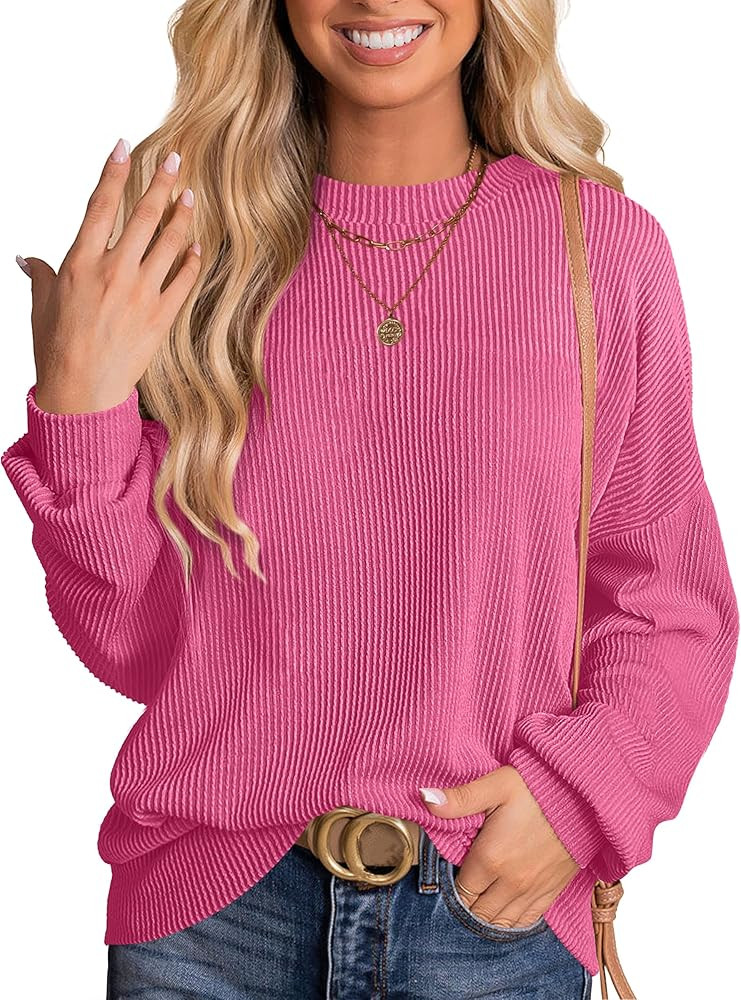 ANRABESS Womens Oversized Long Sleeve Shirts Ribbed Knit Tunic Tops Side Spilt Casual 2025 Fall O... | Amazon (US)