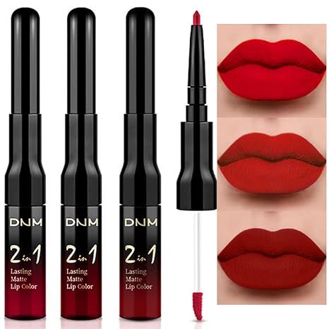 3Pcs Deep Dark Red Lip Stain Matte Permanent Lip Liner and Liquid Lipstick Set Long Lasting Smudg... | Amazon (US)