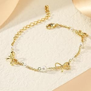 Gold Bow Knot Link Bracelet for Women with Pearl Cute 14K Gold Plated Bowknot Bracelet Elegant Bo... | Amazon (US)