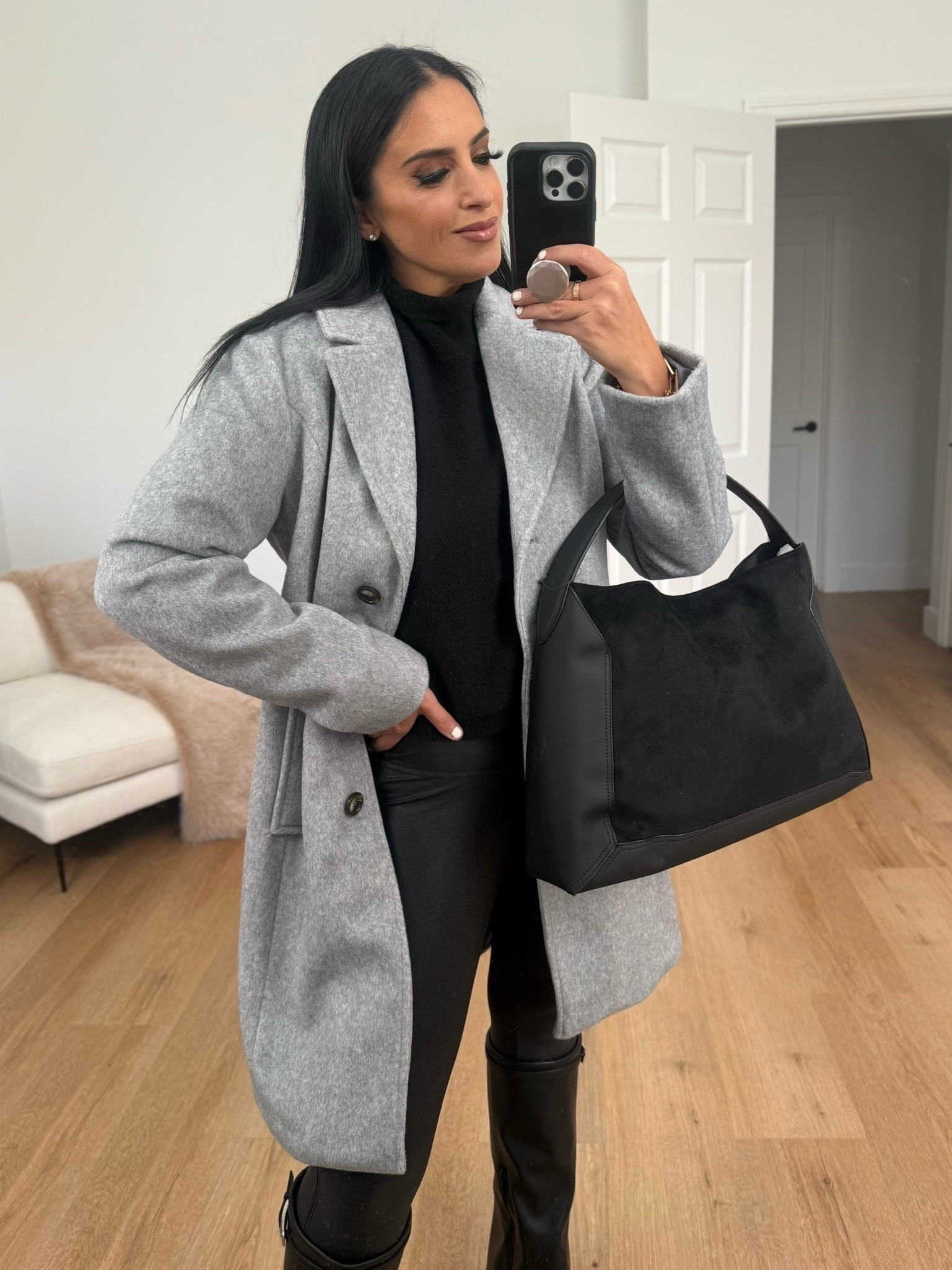 Time and Tru Women's Faux Wool Boyfriend Coat wearing size small. Under $50