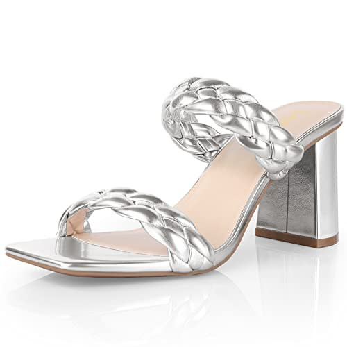 Leevar Braided Sandals for Women - Stylish Square Toe Braided Heels for Women - Silver Womens Braided Block Heel Sandals - 3 inches Woven Chunky Heels, Silver, Size 8.5 | Amazon (US)