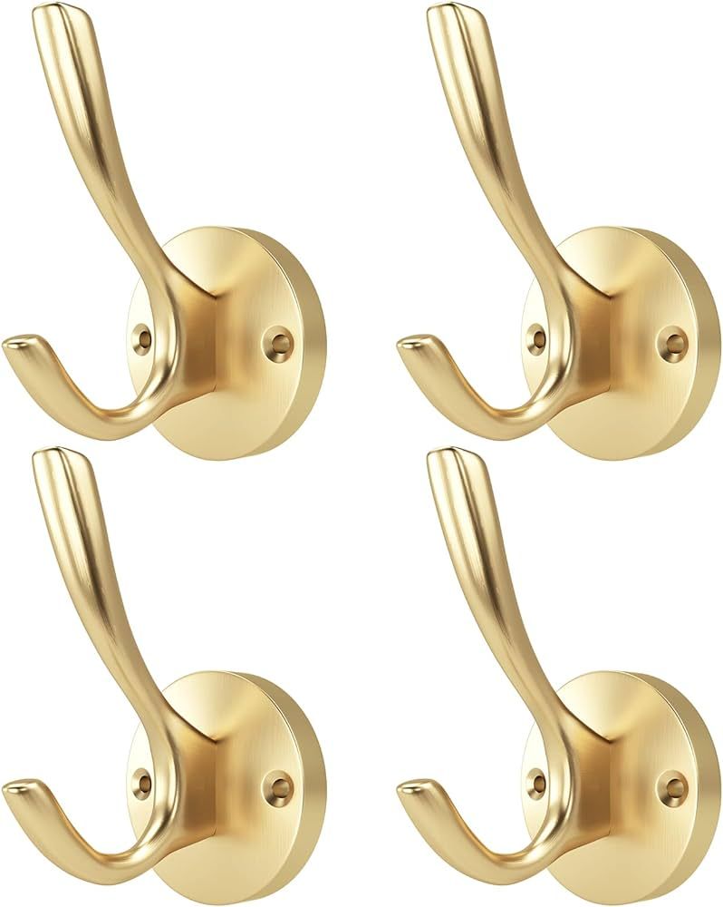 Amazon.com: ZUONAI Gold Hooks 4 Pack Brushed Gold Wall Hooks Heavy Duty Metal Coat Hooks for Hang... | Amazon (US)