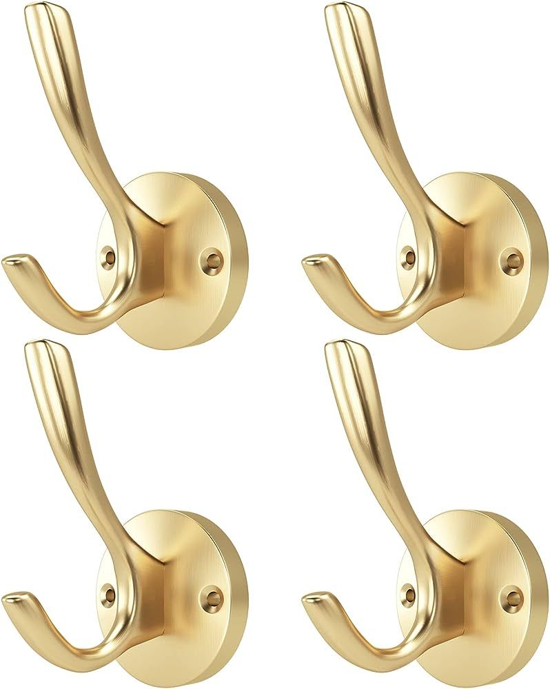 Amazon.com: ZUONAI Gold Hooks 4 Pack Brushed Gold Wall Hooks Heavy Duty Metal Coat Hooks for Hang... | Amazon (US)