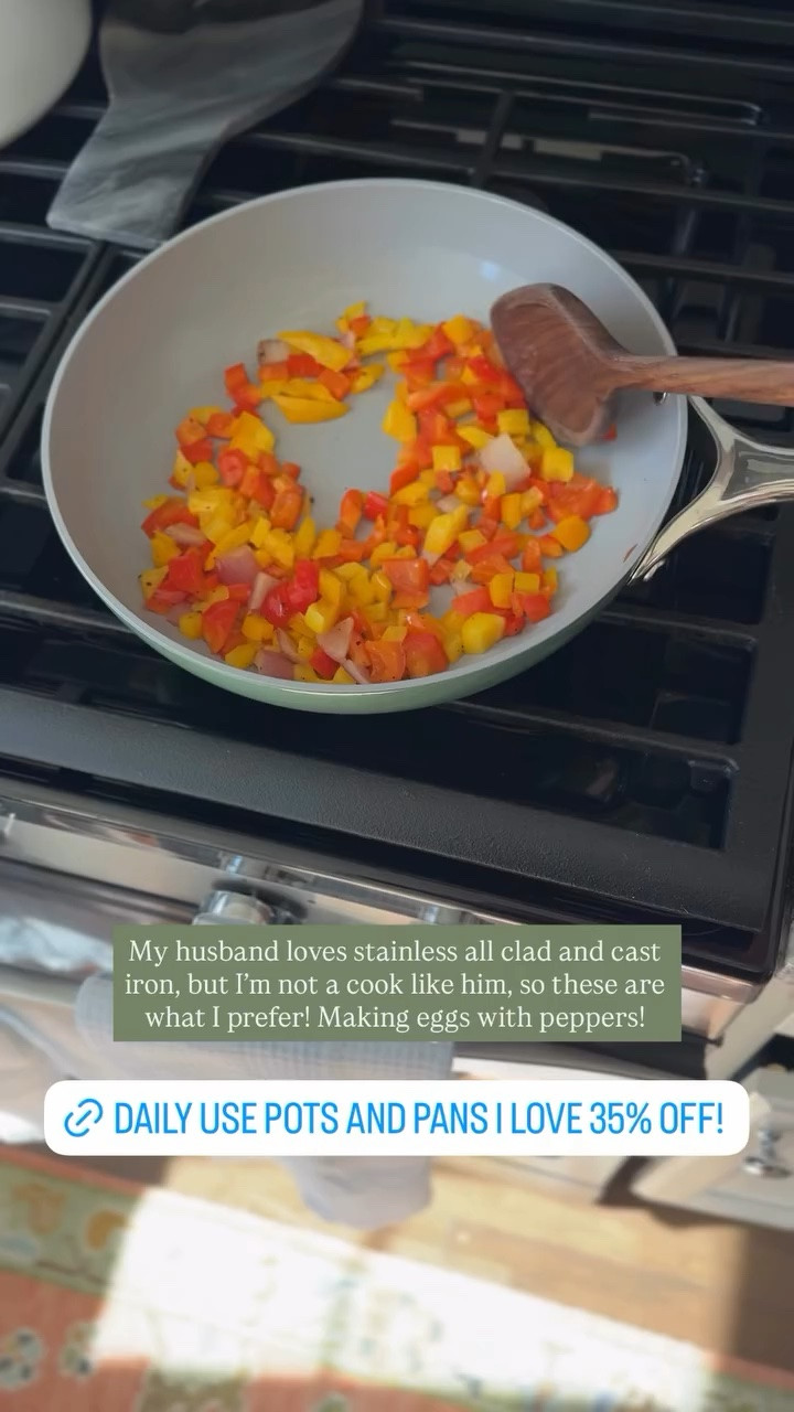 My husband loves stainless all clad and cast iron, but I’m not a cook like him, so these are what I prefer! Making eggs with peppers!