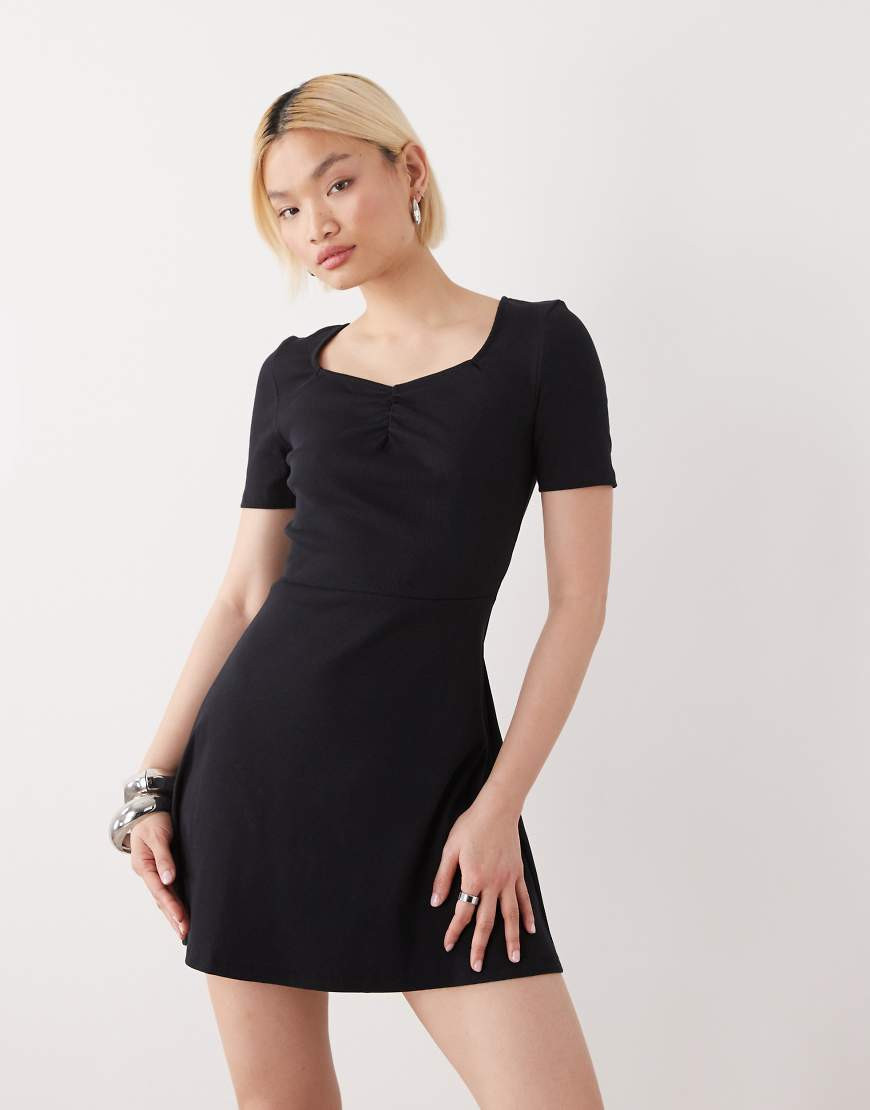 Noisy May ribbed square neck mini skater dress with ruche detail in black | ASOS (Global)