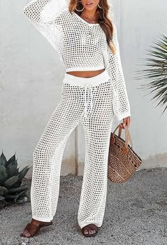 Pink Queen Women's Swimsuit Cover Up Set 2 Piece Crochet Long Sleeve Crop Top Wide Leg Pants Beac... | Amazon (US)