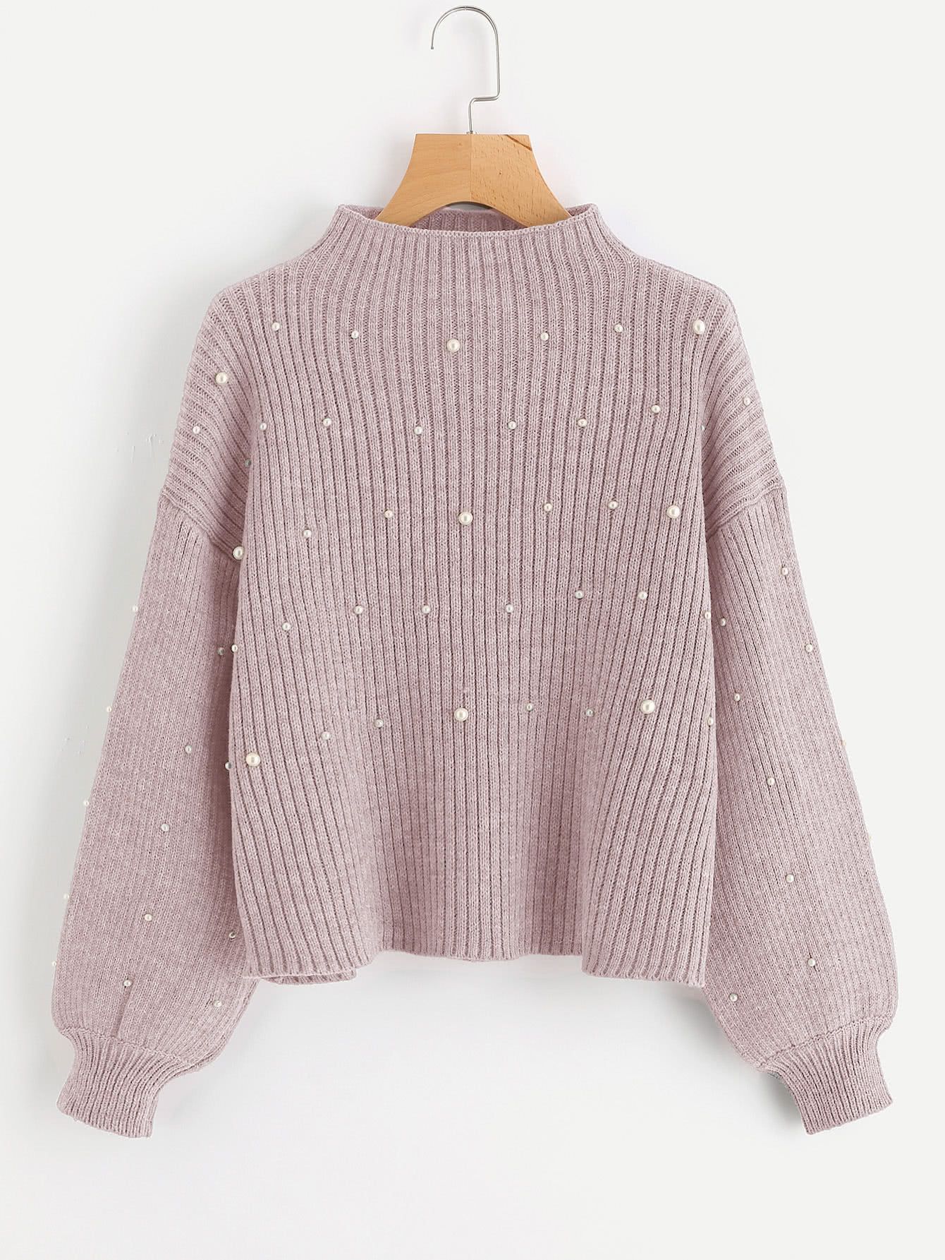 Pearl Embellished Exaggerated Bishop Sleeve Ribbed Sweater | SHEIN