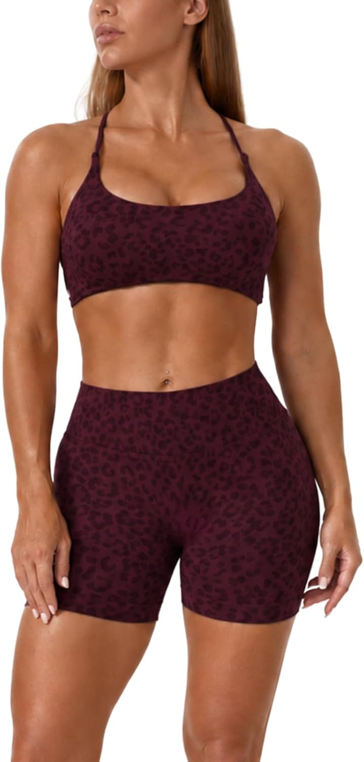 Women's 2 Piece Workout Set, Leopard & Polka Dot and Solid Color Sports Bra Seamless High Waisted Biker Shorts | Amazon (US)