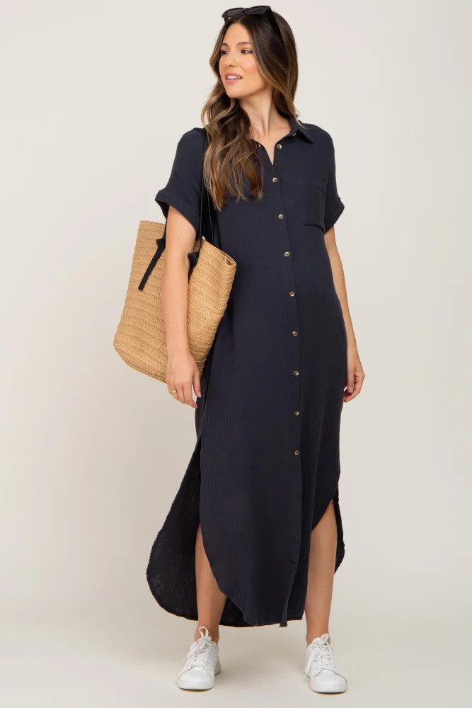 Charcoal Button Down Maternity Midi Dress | PinkBlush Maternity