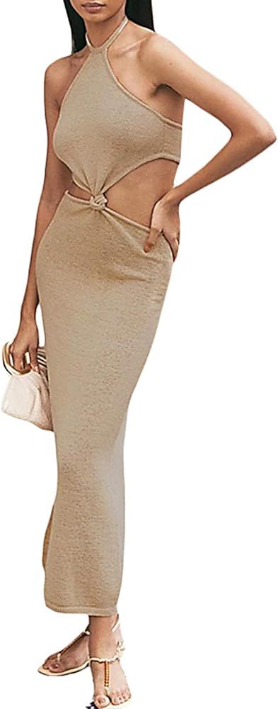 NUFIWI Womens Sexy Knitted Cut Out Spaghetti Strap Long Dresses Halter Neck Backless Maxi Dress Club | Amazon (US)