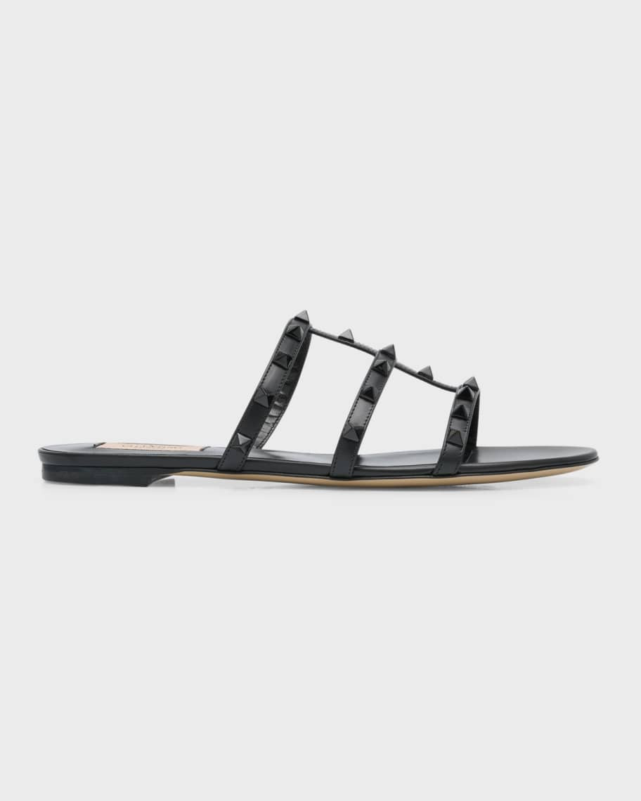 Tonal Rockstud Flat Leather Slide Sandals | Neiman Marcus