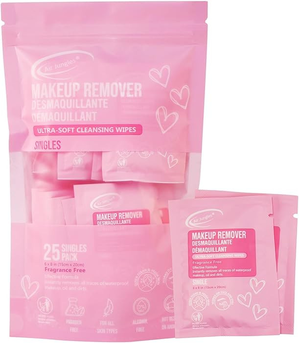 Air Jungles Makeup Remover Wipes Single Individully Wrapped 25 Ct, Mini Travel Size for Cleansing... | Amazon (US)