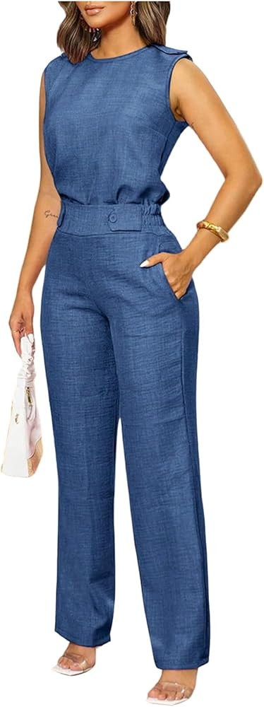 Floerns Women's 2 Piece Outfit Crew Neck Sleeveless Blouse and Dressy Pants Set | Amazon (US)