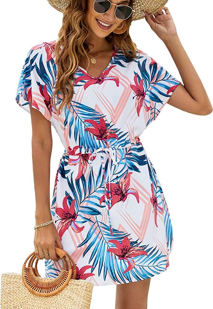 Bluetime Women Casual Sexy Swim Cover up V-Neck Summer Beachwear Coverups Flowy Short Sleeve Mini... | Amazon (US)