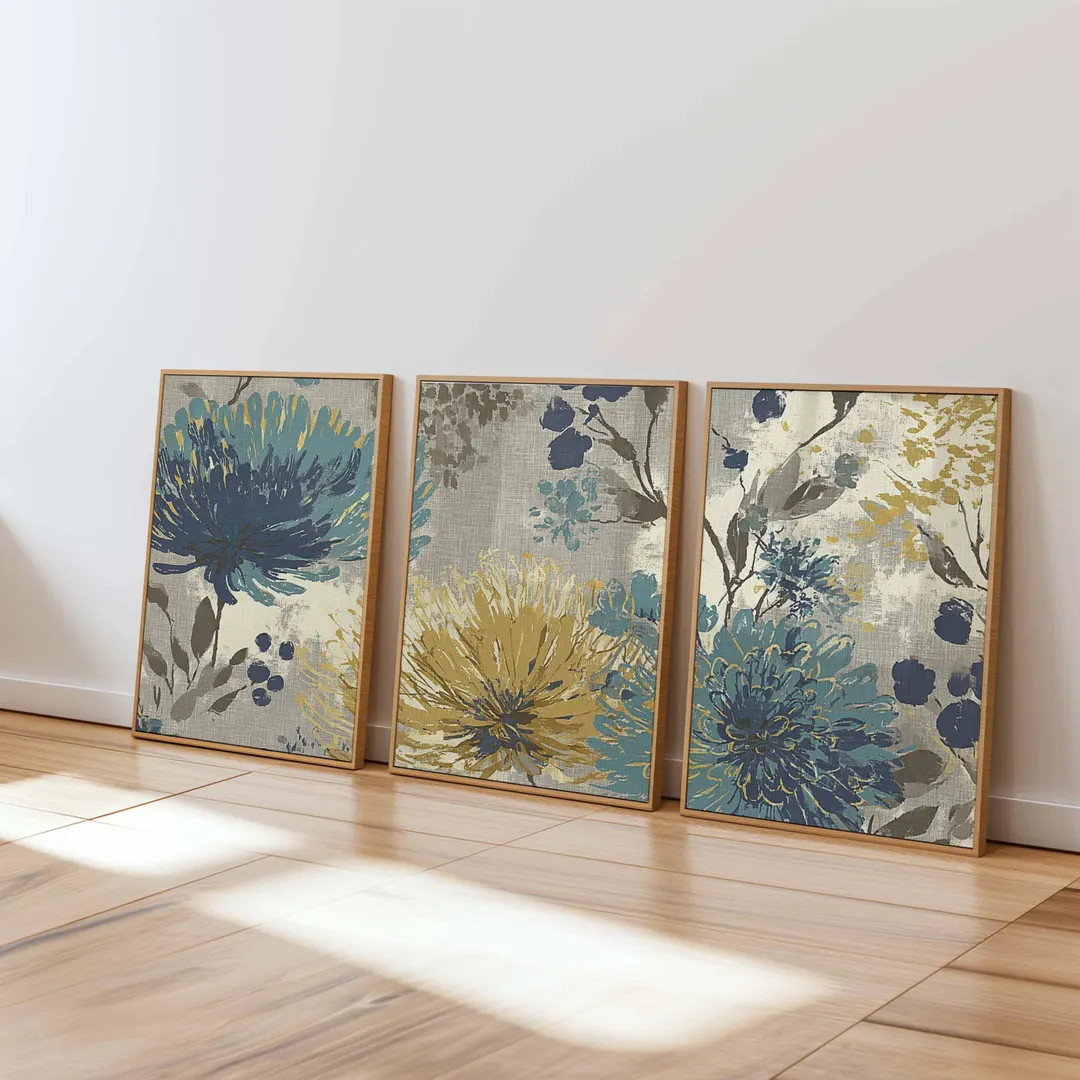 Teal and Mustard Floral Wall Art Set of 3, Modern Botanical Prints, Blue and Yellow Flower Poster... | Etsy (US)
