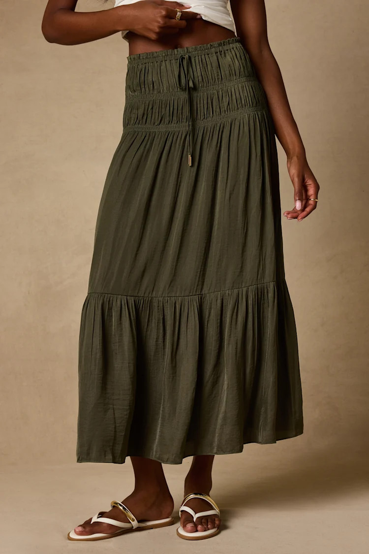 Goldie Olive Green Ruched Midi Skirt | Lulus