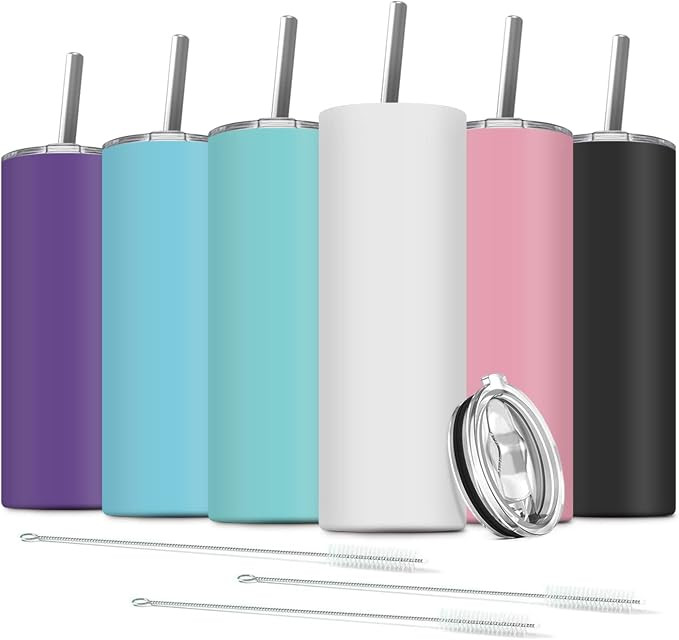 6 Pack Stainless Steel Skinny Tumbler, 20 OZ Double-Insulated Water Tumbler Cup with 6 Straw and ... | Amazon (US)