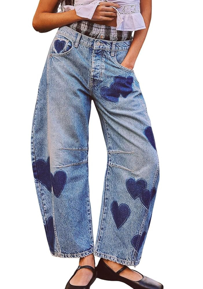 CHARTOU Y2k Barrel Jeans Women Wide Leg Baggy Distressed Printed Boyfriend Horseshoe Denim Pants | Amazon (US)