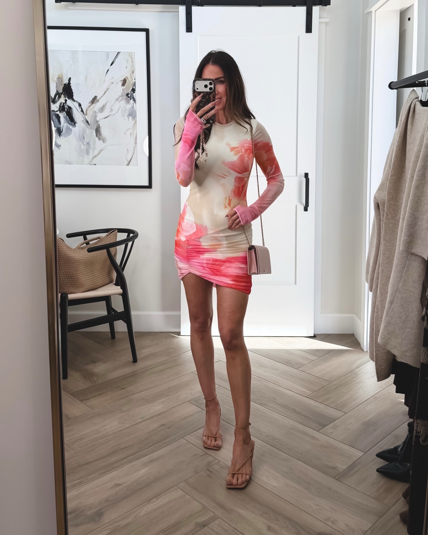 Love this unique dress. It’s not see through and just lightly and comfortably hugs the body. The print is fabulous and crushing over the extended sleeves and ruched bottom. 
Spring date night dress idea

#LTKgrwm #LTKootd #LTKWedding