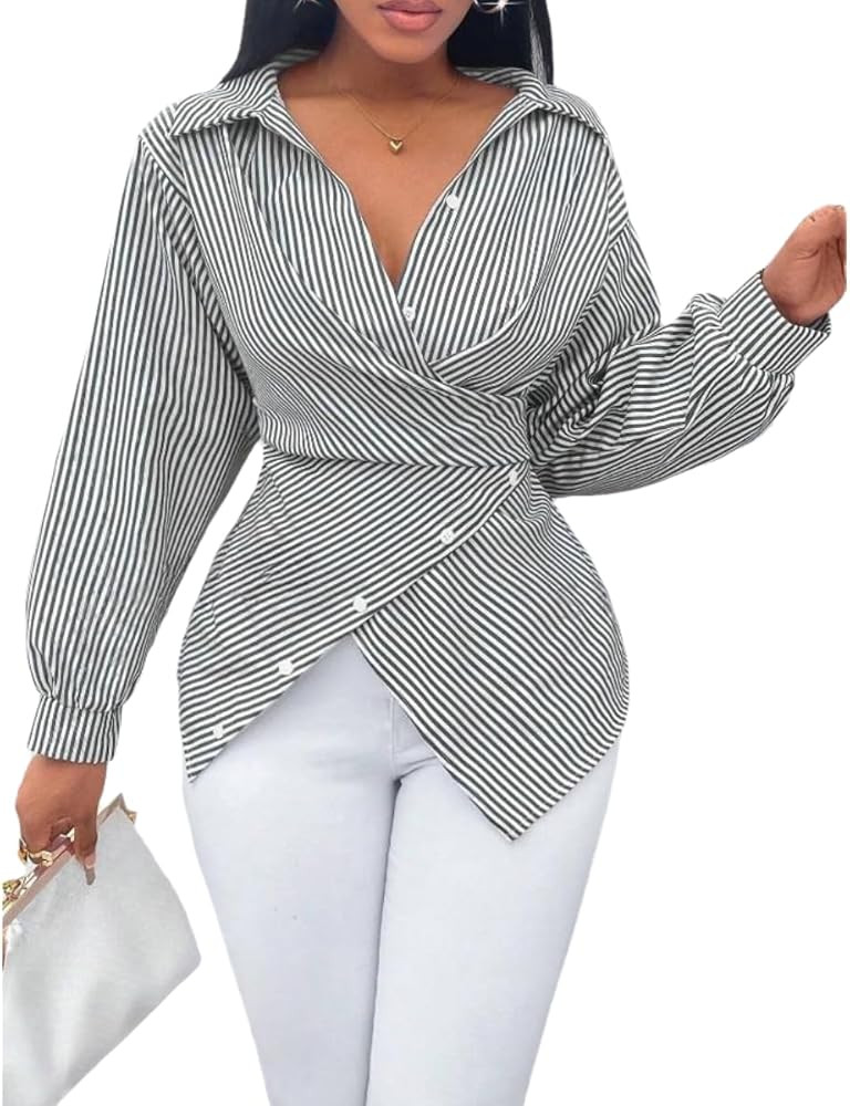 Chvity Stripes Cross V Neck Wrap Blouse for Women Fashion Sexy Slim Fit Long Sleeve Buttons Shirt... | Amazon (US)