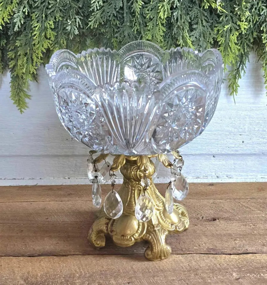 Vintage Lead Crystal Brass German Pedestal Candy Bowl Dish MCM Antique Decor - Etsy | Etsy (US)