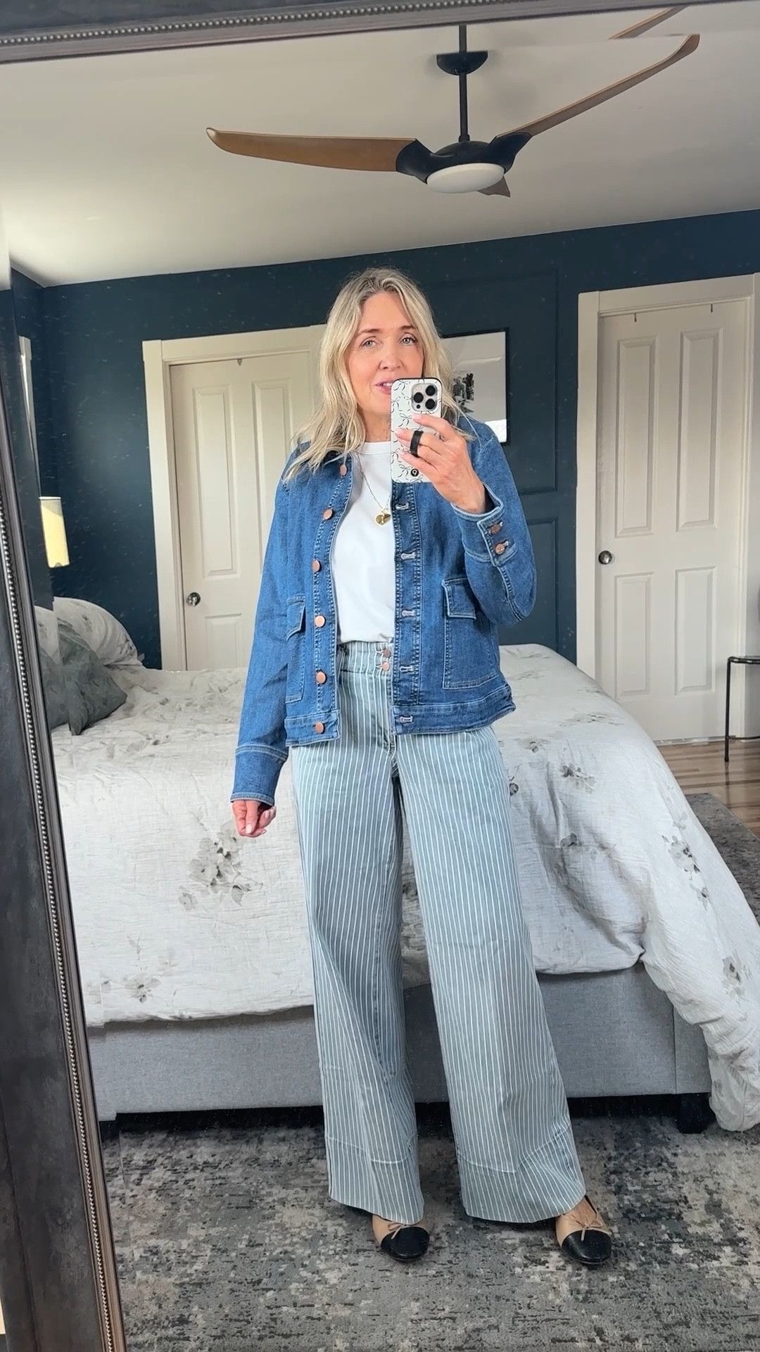 Two NYDJ spring arrivals! I love the cut and oversized pockets on the denim jacket. Wearing size small. Also wearing the Simone wide leg jeans in azure stripe. They’re super flattering and comfortable. Fit true to size wearing 00. 

Spring outfits 2026, over 40 style, striped denim, affordable outfits, mom looks, casual spring outfit, NYDJ denim 

#LTKOver40 #LTKSeasonal #LTKootd