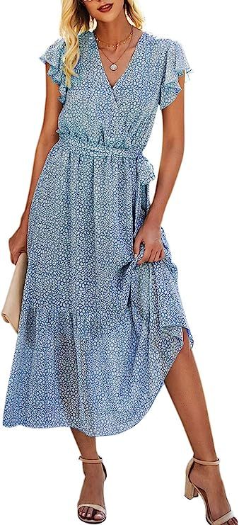 Lovinchic Women's Wrap V Neck Maxi Dress Casual Pleated Long Dress Cocktail Gown with Belt | Amazon (US)