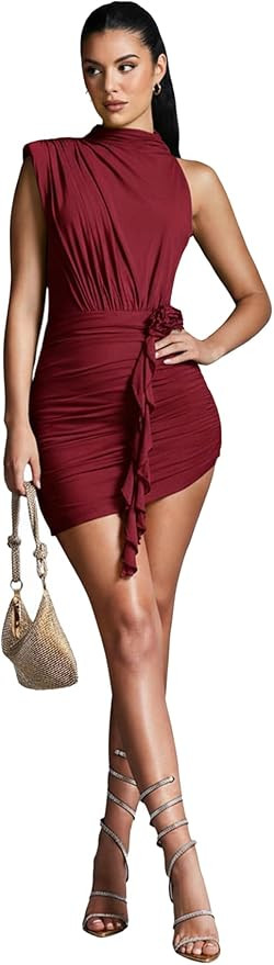 GORGLITTER Women's Flower Asymmetrical Bodycon Mini Dress Mesh Mock Neck Sleeveless Summer Cute C... | Amazon (US)