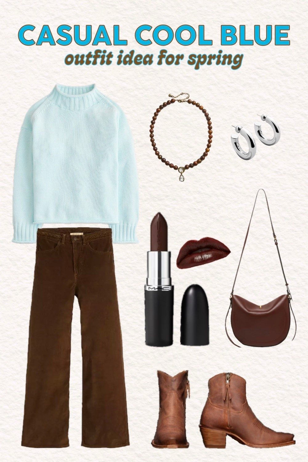 A pop of cool blue makes all the difference this spring! This outfit features a gorgeous blue sweater paired with rich brown pants, brown boots, and a matching crossbody purse. Finished with chunky jewelry, cute earrings, and a bold brown lipstick for that perfect finishing touch.

It's a fresh, unexpected color combo that feels so put-together.

#LTKgrwm #LTKmomlife #LTKootd