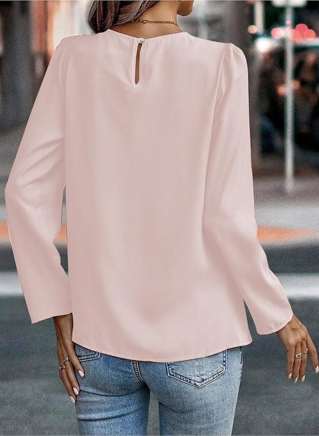 Samefar Womens Tops Dressy Casual Pleated Crew Neck Long Sleeve Shirts Office Work Chiffon Blouse... | Amazon (US)