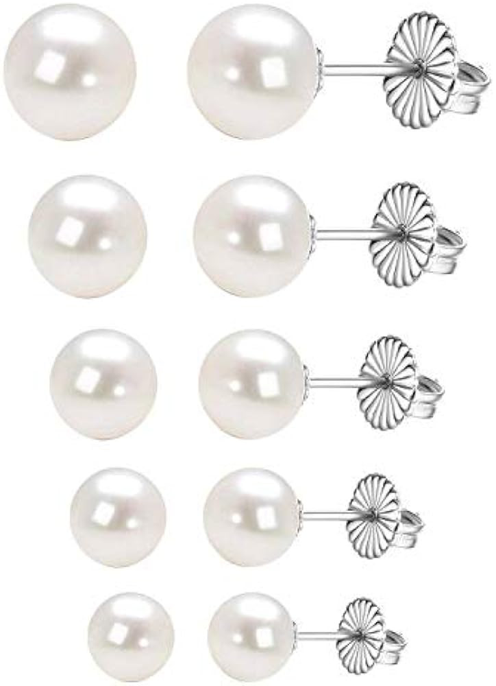 Classic Gold Plated Sterling Silver Round White Simulated Pearl Stud Earrings for Women | Amazon (US)