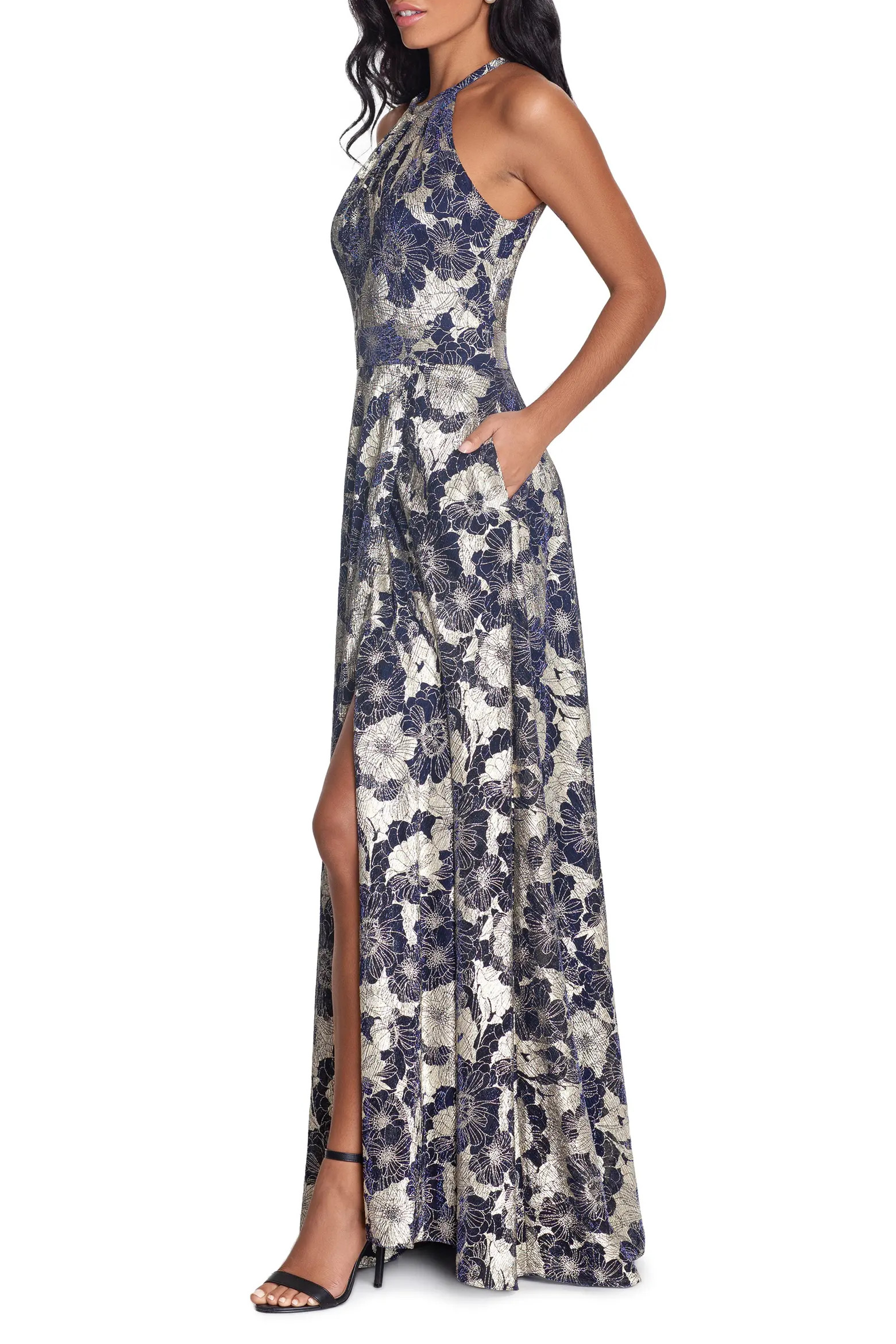Betsy & Adam Metallic Floral Halter Top Gown (Women) | Nordstrom | Nordstrom
