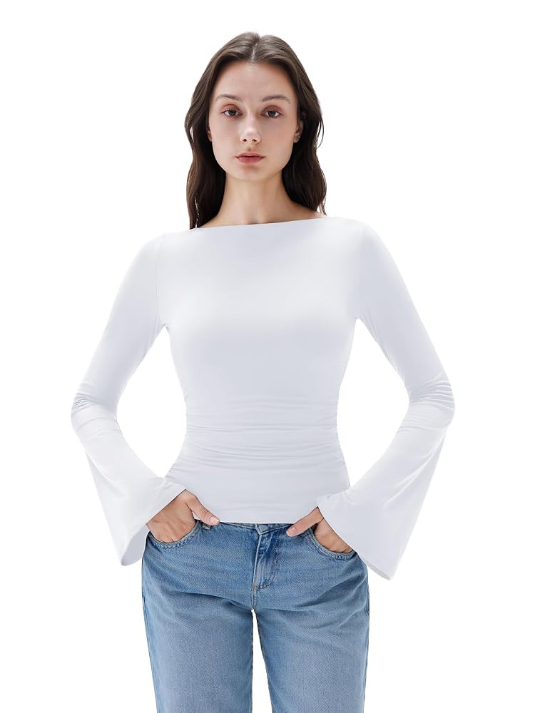 SUUKSESS Women Crew Neck Bell Sleeve Tops Double Lined Going Out Fitted Basic T Shirts | Amazon (US)