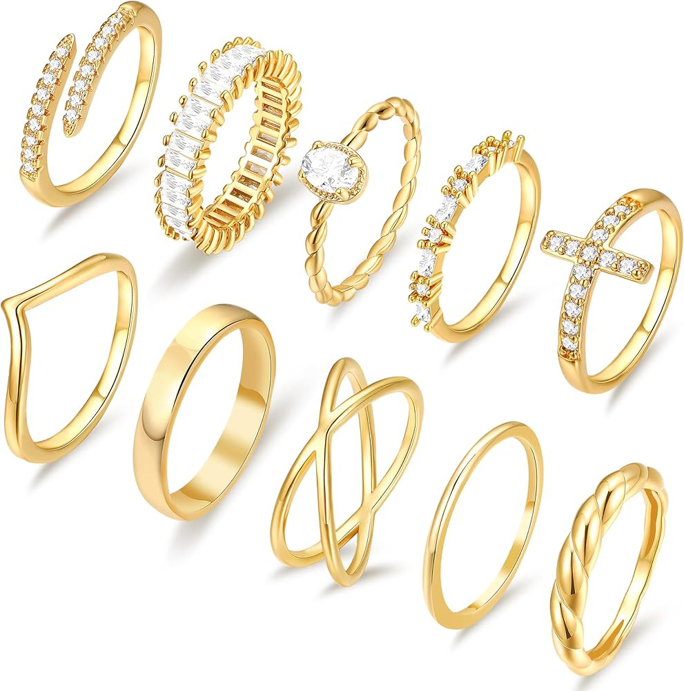 10 PCS 14K Gold Plated Rings Set for Women, Dainty Gold Knuckle Rings Non Tarnish, Simple Thumb S... | Amazon (US)