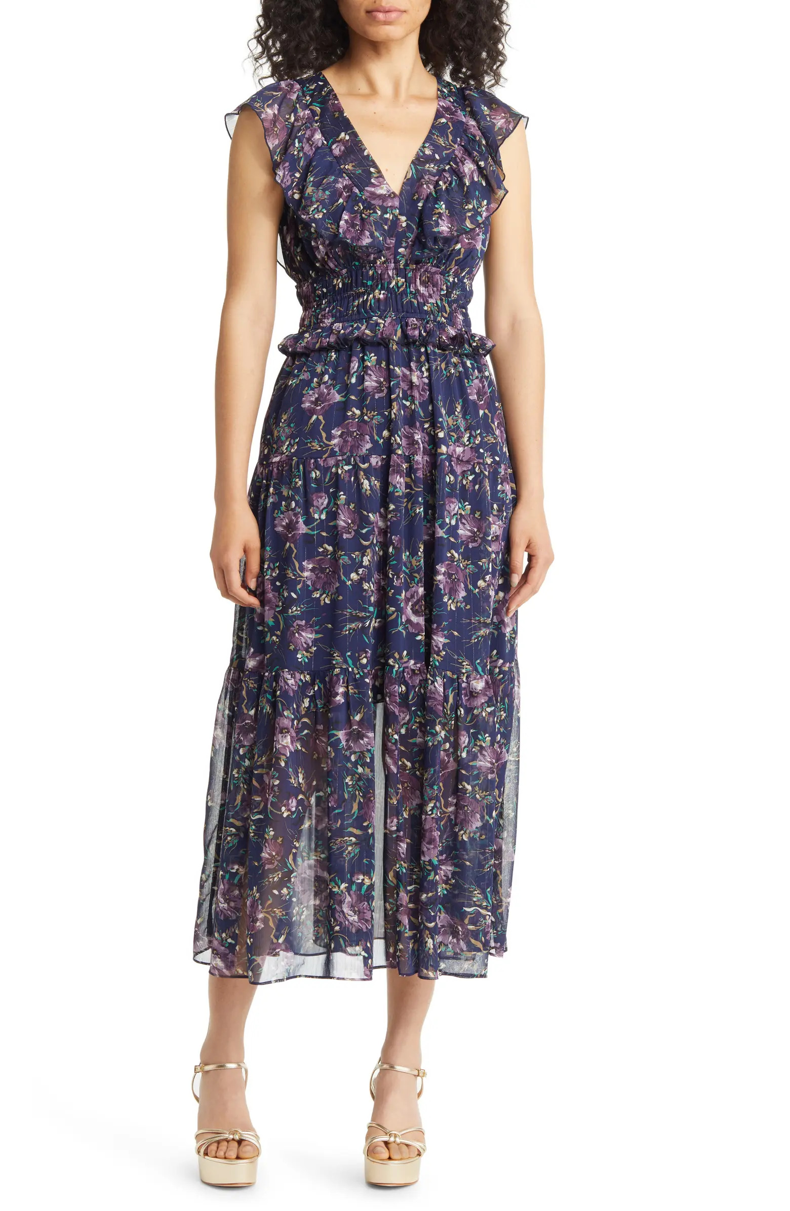 Metallic Floral Chiffon Midi Dress | Nordstrom