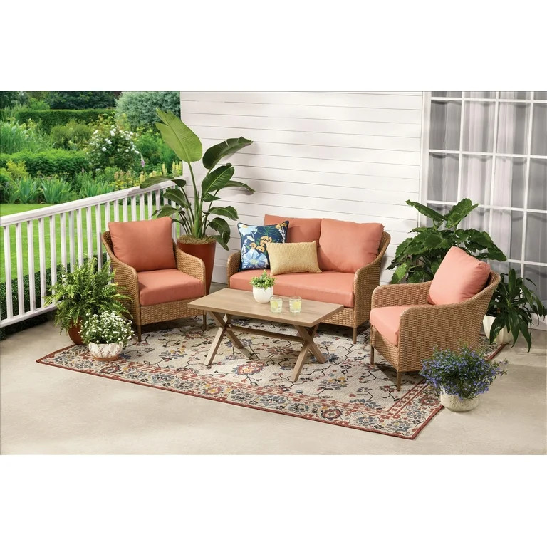 Mainstays Chelsea Outdoor Patio Steel 4-Pieces Deeping Seating Set with Terra Cotta Cushions | Walmart (US)