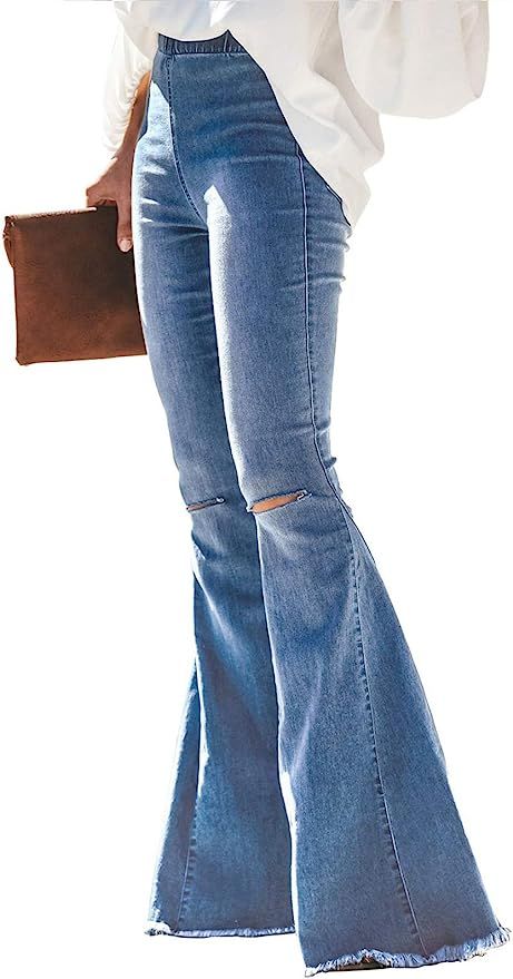 Sidefeel Women Destroyed Flare Jeans Elastic Waist Bell Bottom Raw Hem Denim Pants | Amazon (US)