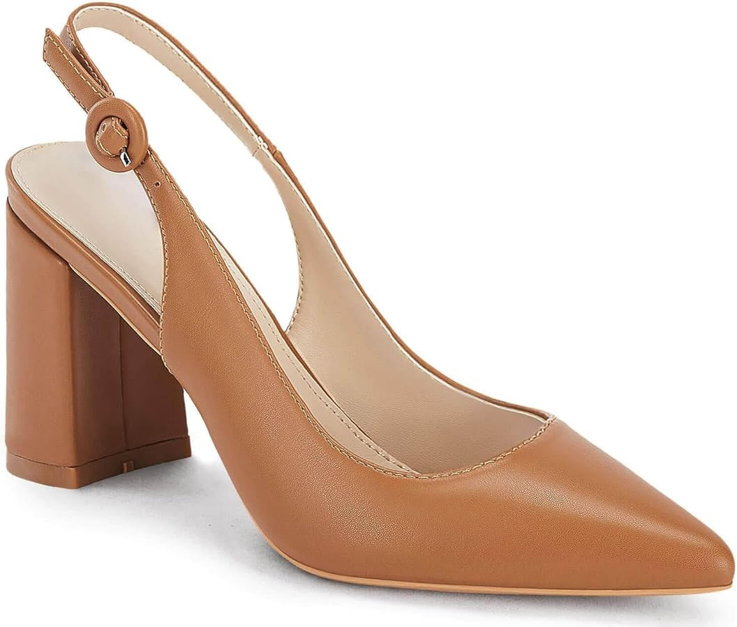 Women's Pointed Toe Block Heel Pumps Slingback Chunky Heel Slip On Work Party Dress Shoes | Amazon (US)