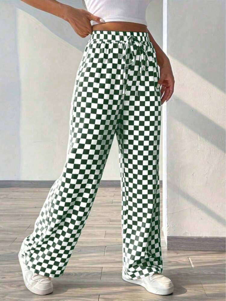Casual Loose Plaid Print Drawstring Straight Leg Pants | SHEIN