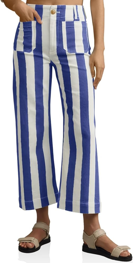Tankaneo Womens Cropped Striped Jeans Casual High Waisted Stretchy Straight Leg Denim Pants with ... | Amazon (US)