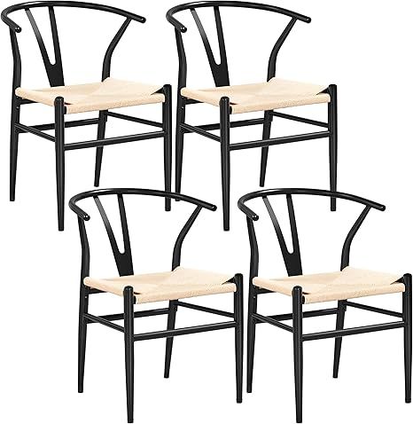 Yaheetech Set of 4 Weave Chair Mid-Century Metal Dining Chair Y-Shaped Backrest Hemp Seat, Black | Amazon (US)