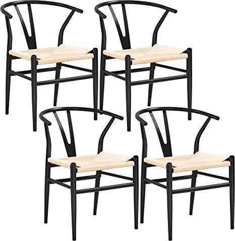 Yaheetech Set of 4 Weave Chair Mid-Century Metal Dining Chair Y-Shaped Backrest Hemp Seat, Black | Amazon (US)