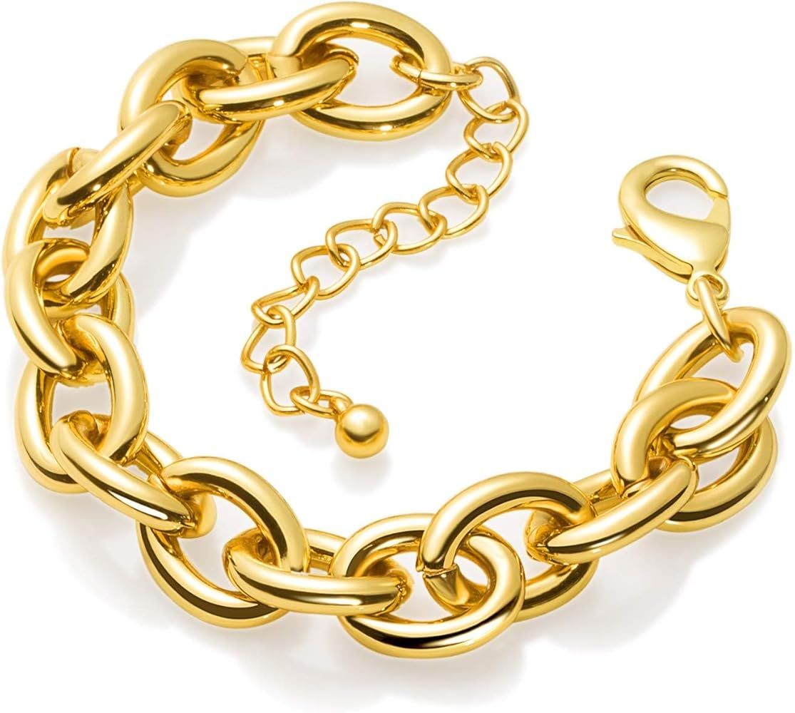 LANE WOODS Gold Bracelets for Women 14k Gold Plated Chunky Thick Large Link Chain Bracelet | Amazon (US)