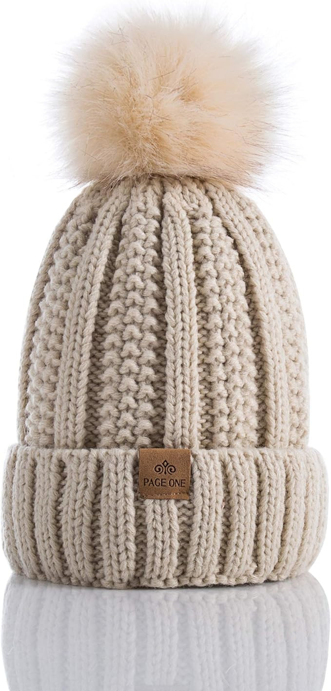 PAGE ONE Womens Winter Thick Cable Knit Beanie Faux Fur Pom Hat Fleece Lined Skull Cap | Amazon (US)