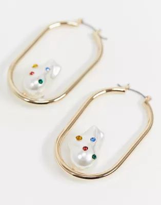 Topshop drop hoop earrings in gold with organic pearl and gems | ASOS (Global)