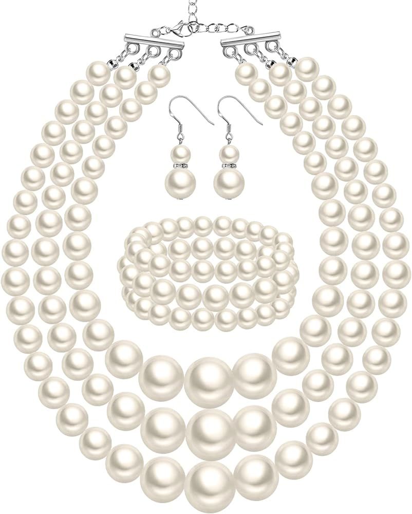 Haysandy 1920s Large Big Pearl Necklace Bracelet and Earring Wedding Faux Pearls Jewelry Set Mult... | Amazon (US)