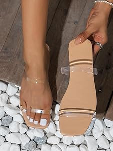 GORGLITTER Women's Summer Clear Sandals Double Strappy Slide Flat Sandals Vacation Sandals | Amazon (US)
