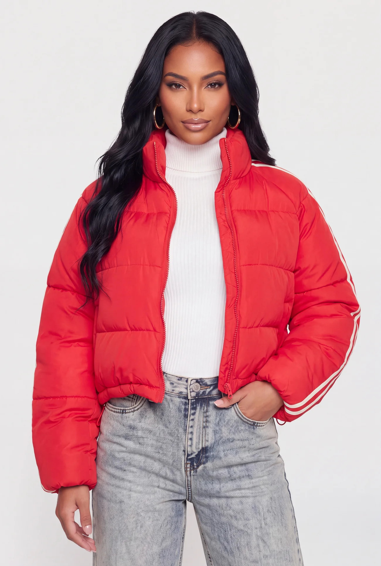 Contrast Trim Mock Neck Zip Front Puffer Jacket | Rainbow Shops
