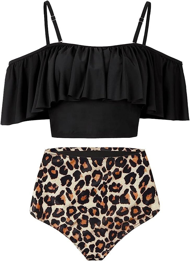 Kaei&Shi High Waisted Flounce Bikini Set,Tummy Control Swimsuits for Women,Off Shoulder | Amazon (US)
