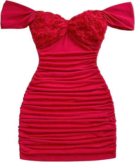 GORGLITTER Women's Flower Off The Shoulder Mini Dress Summer Ruched Bodycon Vacation Cocktail Wed... | Amazon (US)
